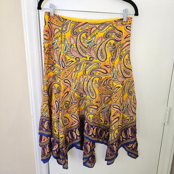 LRL Ralph Lauren Silk Hankerchief Skirt Size 2 Paisley Yellow Blue Asymmetric - Picture 1 of 7